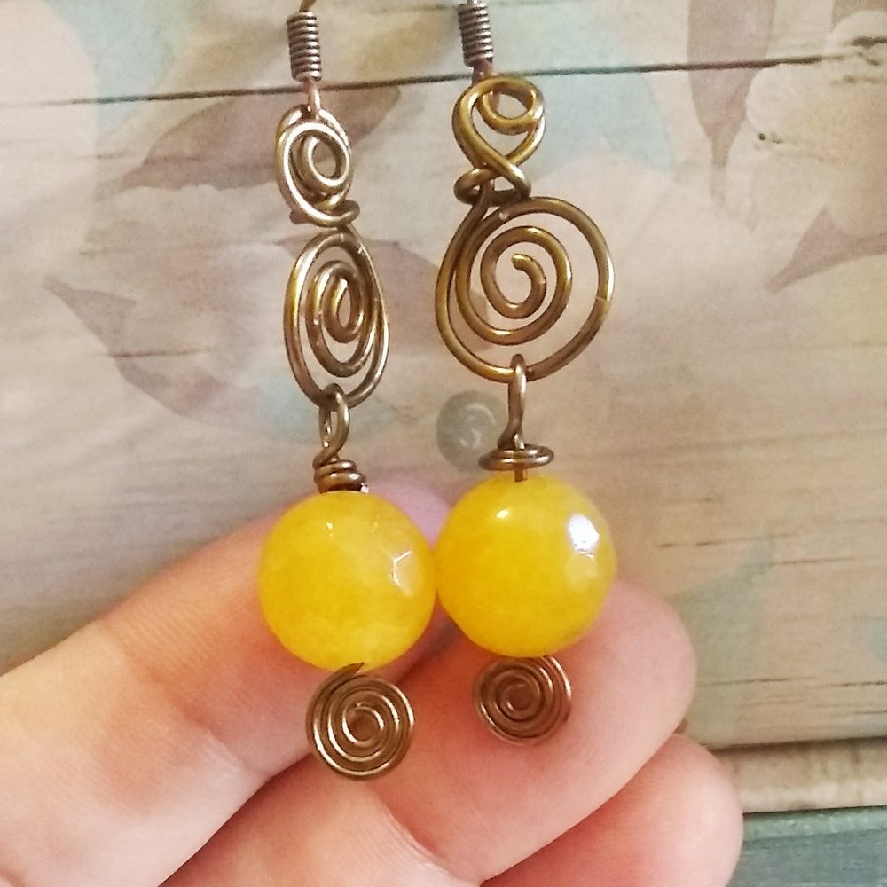 Handcrafted Yellow Agate + Wire Art Statement Earrings - Picture 10 of 10